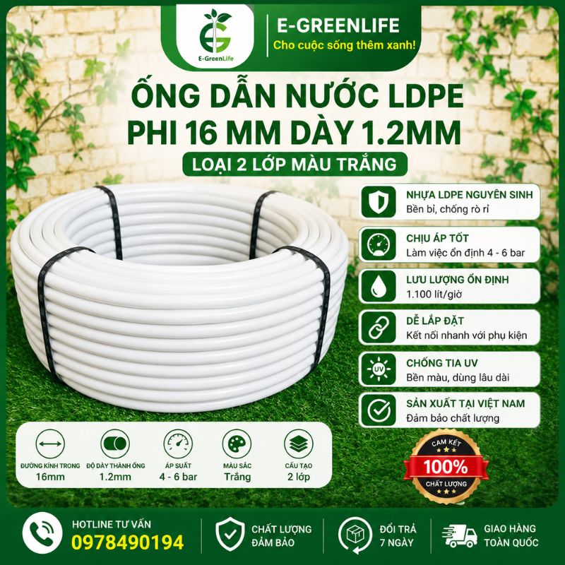 Ống dẫn nước LDPE phi 16 mm dày 1.2mm loại 2 lớp màu trắng