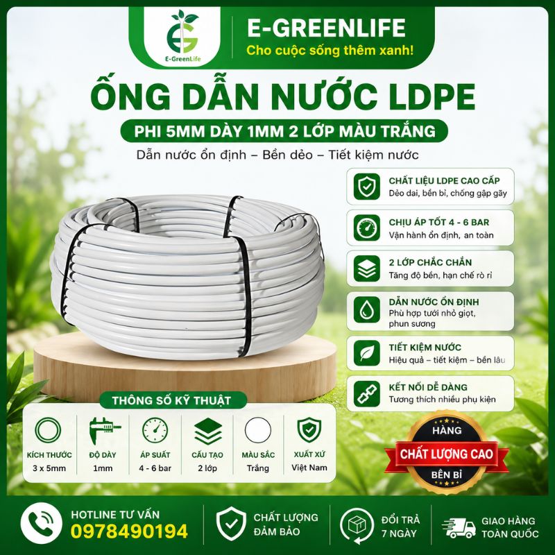 Ống dẫn nước LDPE phi 5mm dày 1mm 2 lớp màu trắng