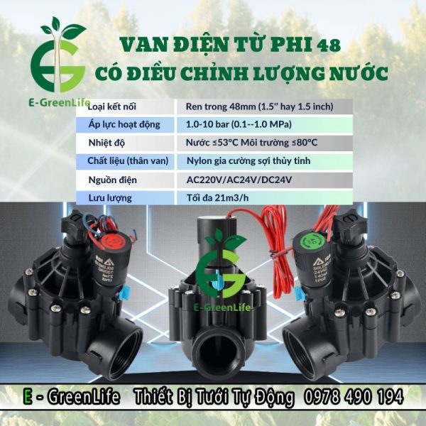 Hình ảnh thông số kỹ thuật van điện từ phi 48 có điều chỉnh lưu lượng