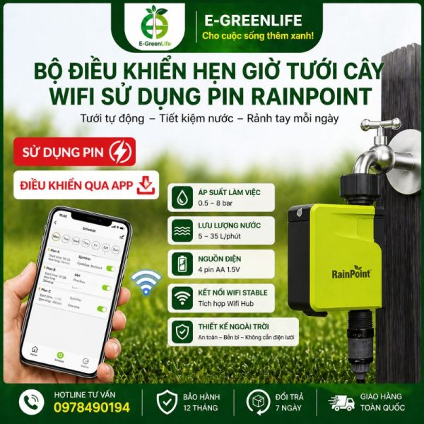 Hình ảnh Bộ điều khiển hẹn giờ tưới cây Wifi sử dụng pin RainPoint E-GreenLife
