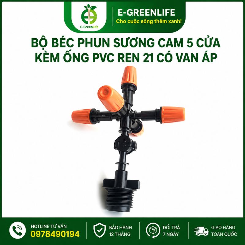 E-GreenLife-ban-bo-bec-phun-suong-cam-5-cua-kem-ong-pvc-ren-21-co-van-ap E-GreenLife bán Bộ béc phun sương cam 5 cửa kèm ống PVC ren 21 có van áp