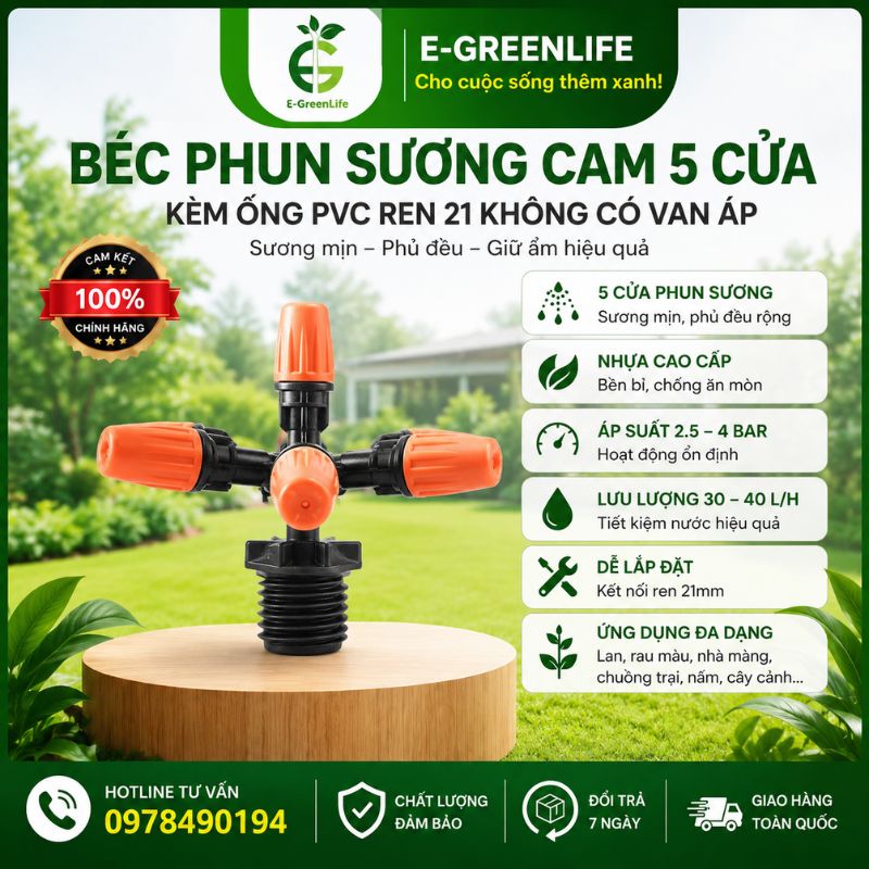 bec-phun-suong-cam-5-cua-kem-ong-pvc-ren-21-khong-co-van-ap-E-GreenLife Béc phun sương cam 5 cửa kèm ống PVC ren 21 không có van áp E-GreenLife