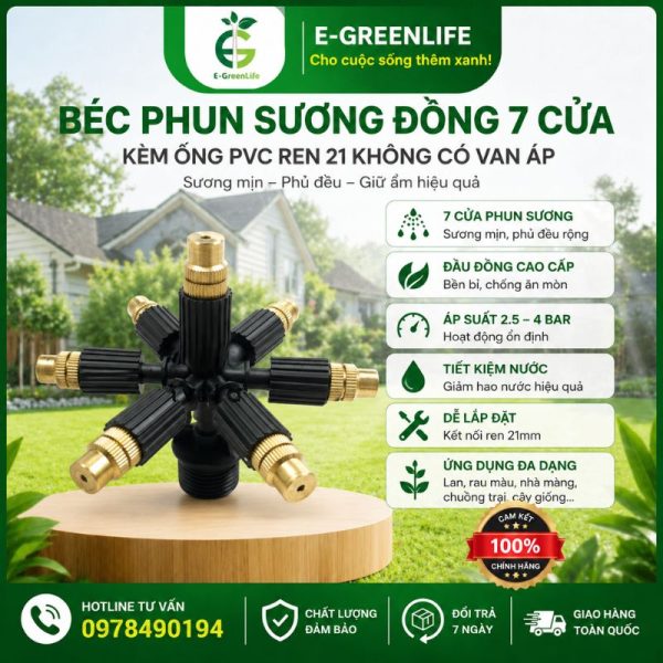 Béc phun sương đồng 7 cửa kèm ống PVC ren 21 không có van áp tại E-GreenLife