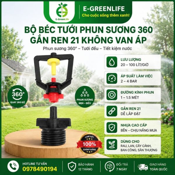 Bộ béc tưới phun sương 360 gắn ren 21 không van áp