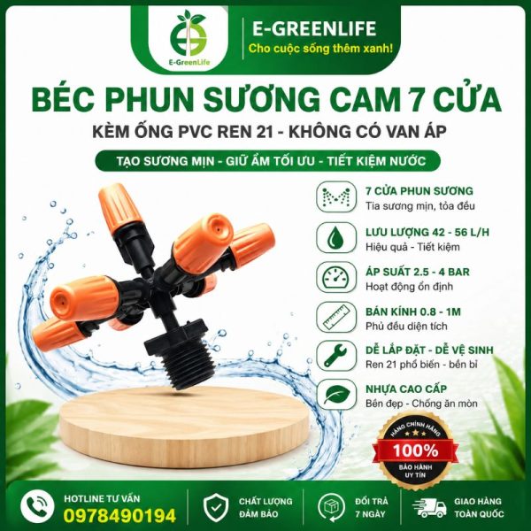 Hình ảnh mua Béc phun sương cam 7 cửa kèm ống PVC ren 21 không có van áp