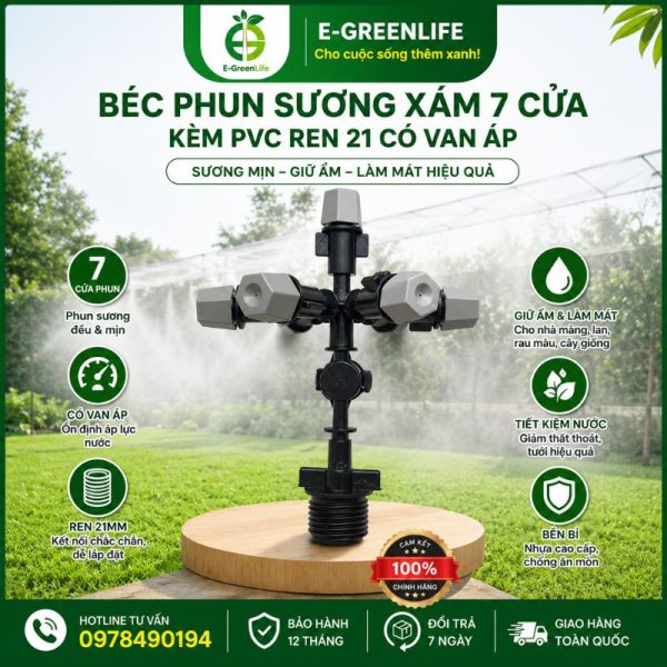 Hình ảnh E-GreenLife bán Béc phun sương xám 7 cửa kèm PVC ren 21 có van áp