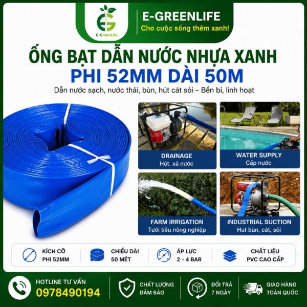 Địa chỉ mua ống bạt dẫn nước nhựa xanh phi 52mm dài 50m