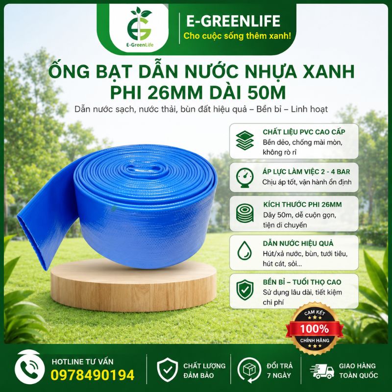 ong-bat-dan-nuoc-nhua-xanh-phi-26mm-dai-50m Ống bạt dẫn nước nhựa xanh phi 26mm dài 50m