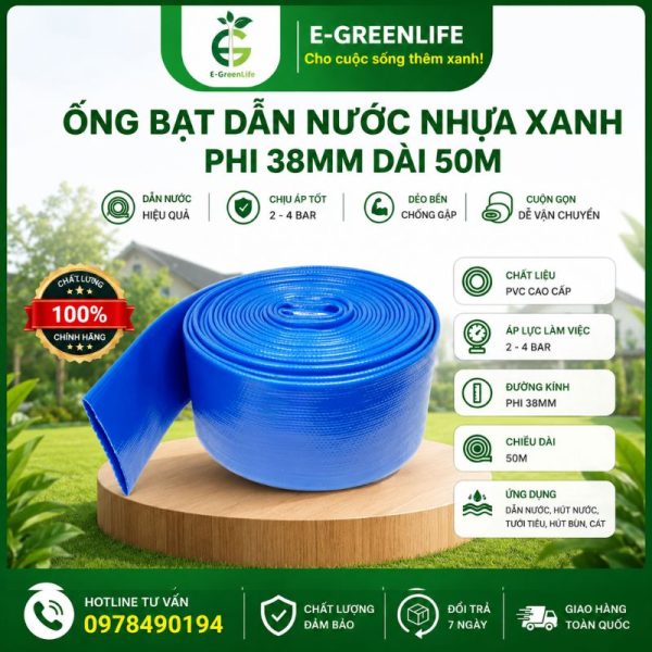Ống bạt dẫn nước nhựa xanh phi 38mm dài 50m