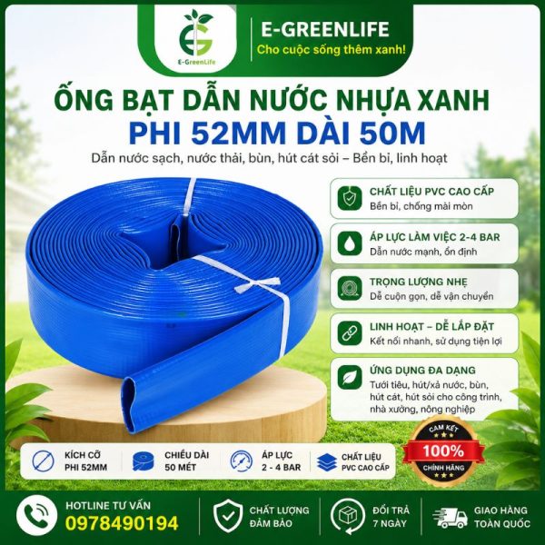 Ống bạt dẫn nước nhựa xanh phi 52mm dài 50m