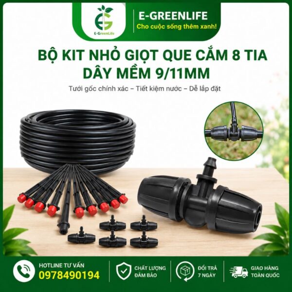 E-GreenLife bán Bộ kit nhỏ giọt que cắm 8 tia dây mềm 9/11mm