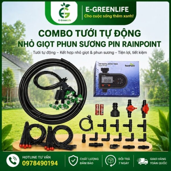 E-GreenLife bán Combo tưới tự động nhỏ giọt phun sương pin rainpoint