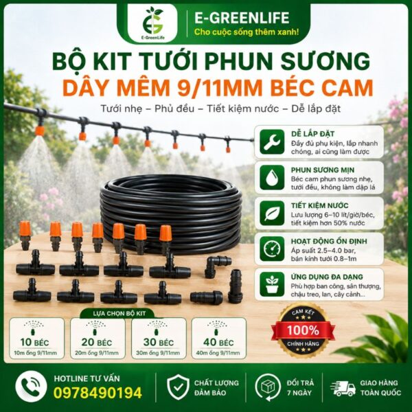 Bộ kit tưới phun sương dây mềm 9/11mm béc cam