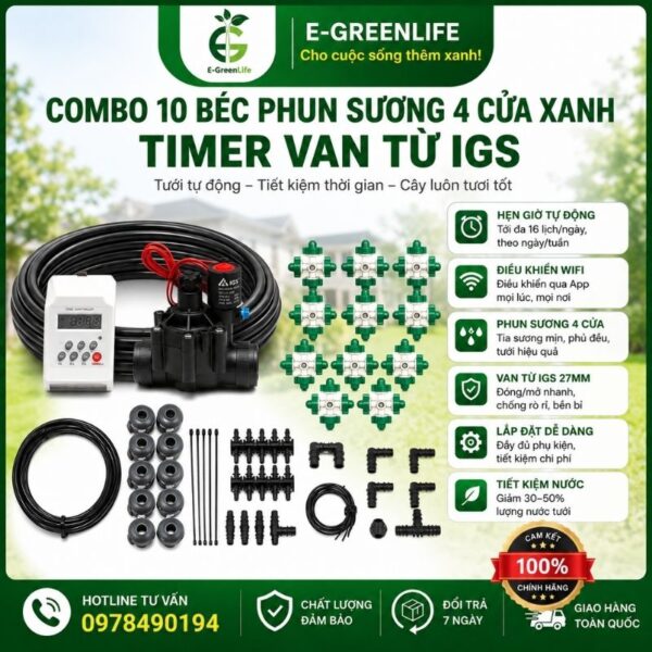 Combo 10 béc phun sương xanh 4 cửa Timer van từ IGS