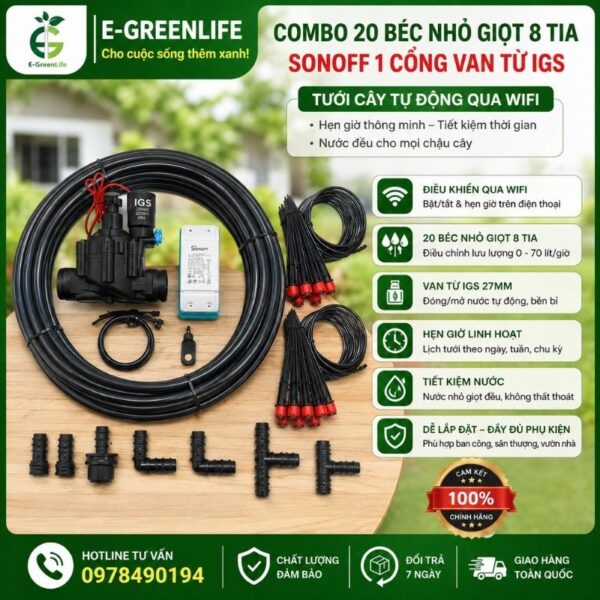 Combo 20 béc nhỏ giọt 8 tia Sonoff 1 cổng van từ IGS