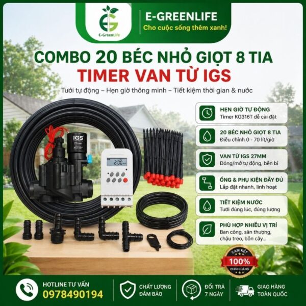 Combo 20 béc nhỏ giọt 8 tia Timer van từ IGS