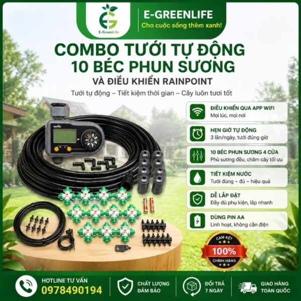 Combo tưới tự động 10 béc phun sương và điều khiển rainpoint