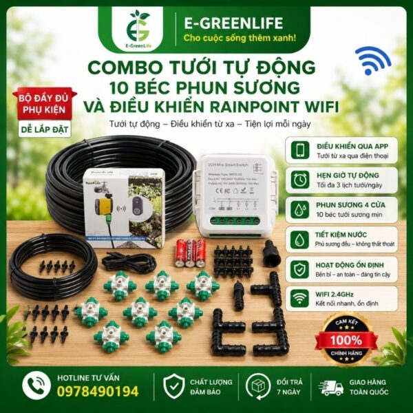 Combo tưới tự động 10 béc phun sương và điều khiển rainpoint wifi