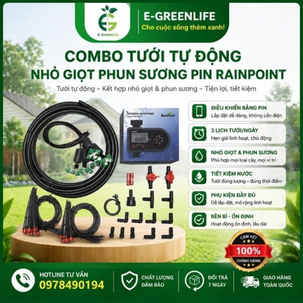 Combo tưới tự động nhỏ giọt phun sương pin rainpoint