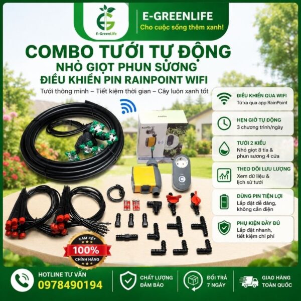 Địa chỉ bán Combo tưới tự động nhỏ giọt phun sương điều khiển pin rainpoint wifi