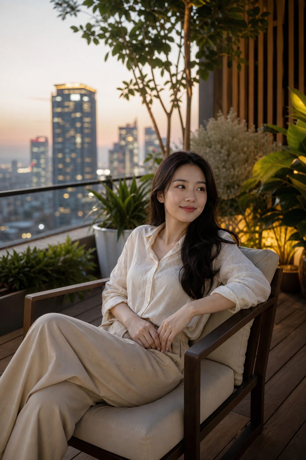 Phụ nữ thư giãn trên ban công xanh phong cách outdoor living