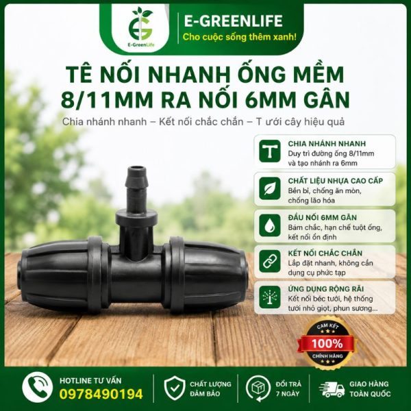 Tê nối nhanh ống mềm 8/11mm ra nối 6mm gân