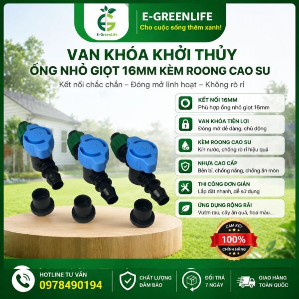 Van khóa khởi thủy ống nhỏ giọt 16mm kèm roong cao su