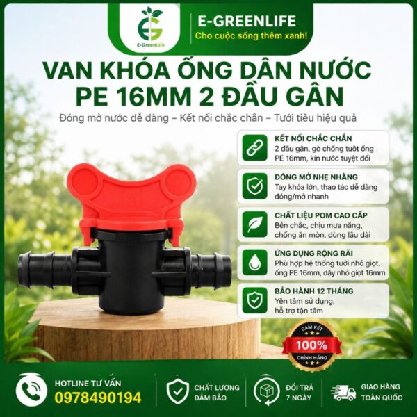 Van khóa ống dẫn nước PE 16mm 2 đầu gân
