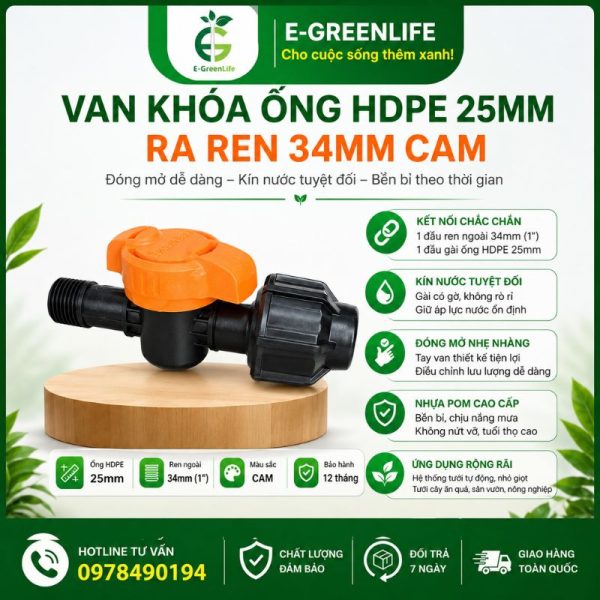 Van khóa ống HDPE 25mm ra ren 34mm cam