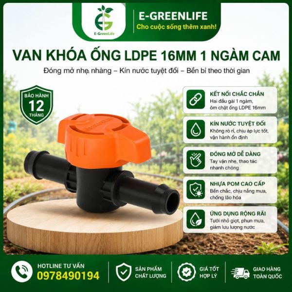 Van khóa ống LDPE 16mm 1 ngàm cam
