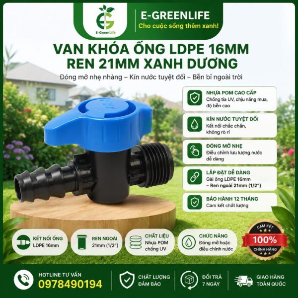 Van khóa ống LDPE 16mm ren 21mm xanh dương