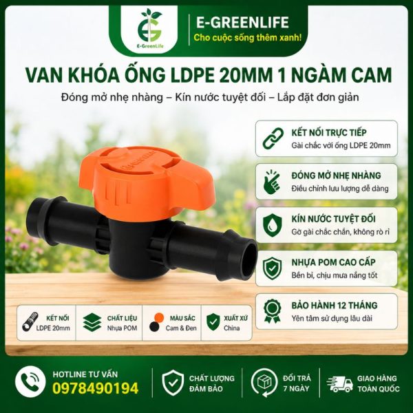 Van khóa ống LDPE 20mm 1 ngàm cam