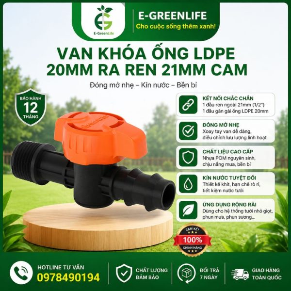 Van khóa ống LDPE 20mm ra ren 21mm cam