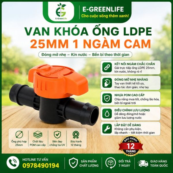 Van khóa ống LDPE 25mm 1 ngàm cam