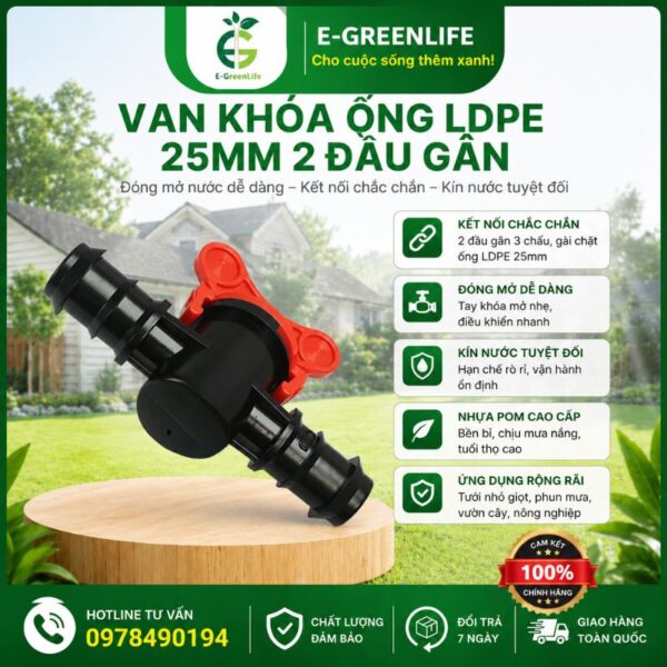 Van khóa ống LDPE 25mm 2 đầu gân