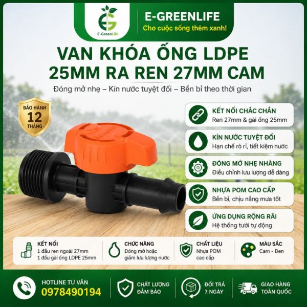 Van khóa ống LDPE 25mm ra ren 27mm cam