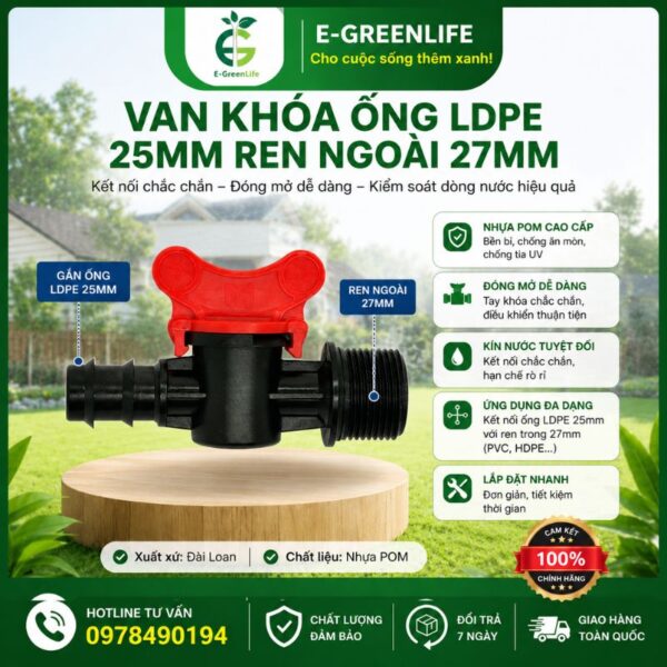 Van khóa ống LDPE 25mm ren ngoài 27mm