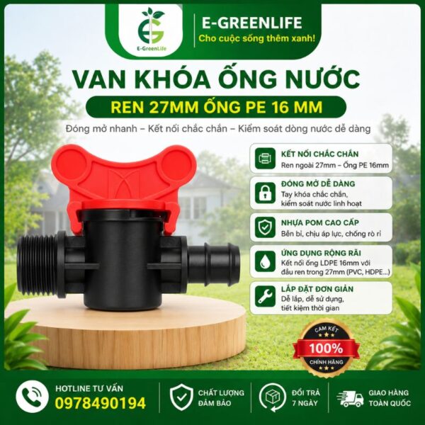 Van khóa ống nước ren 27mm ống PE 16 mm