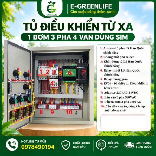 E-GreenLife bán tủ điều khiển từ xa 1 bơm 3 pha 4 van dùng sim