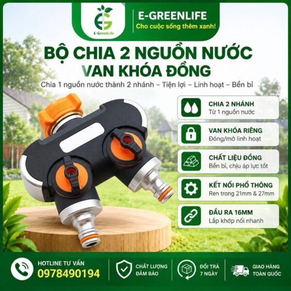 Bộ chia 2 nguồn nước van khóa đồng