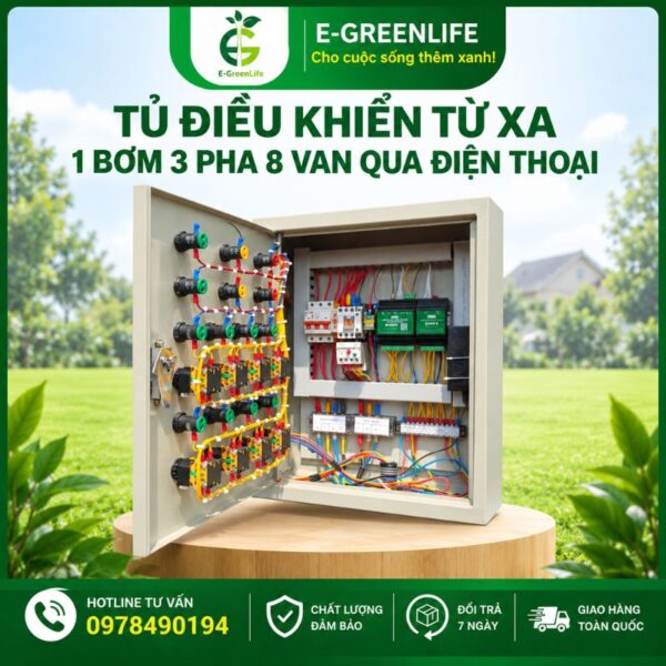 Hình ảnh bên trong tủ điều khiển từ xa 1 bơm 3 pha 8 van qua điện thoại