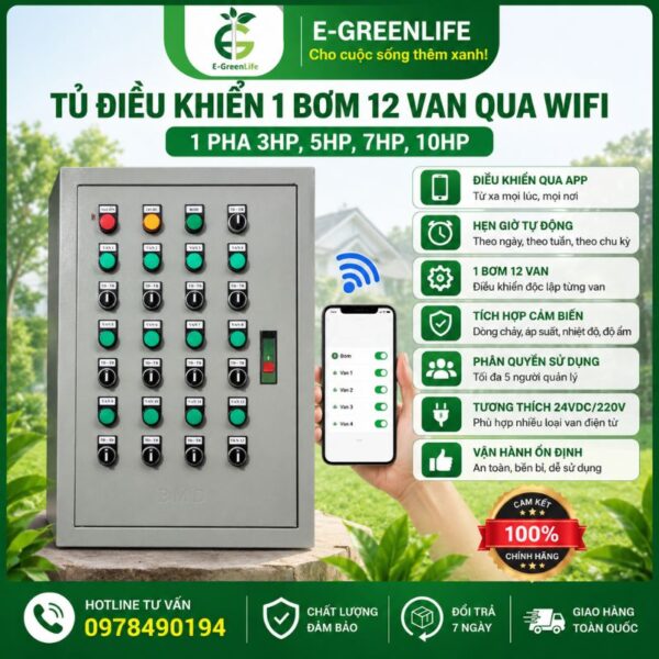 Tủ điều khiển 1 bơm 12 van wifi 1 pha 3HP, 5HP, 7HP, 10HP