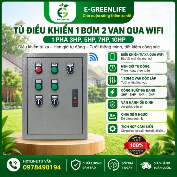 Tủ điều khiển 1 bơm 2 van qua wifi 1 pha 3HP, 5HP, 7HP, 10HP