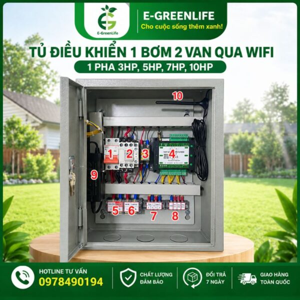 Tủ điều khiển 1 bơm 2 van qua wifi 1 pha nhiều công suất