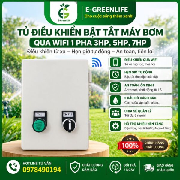 Tủ điều khiển bật tắt máy bơm qua wifi 1 pha 3HP, 5HP, 7HP