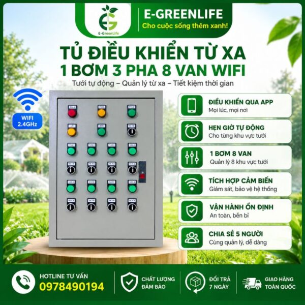 Tủ điều khiển từ xa 1 bơm 3 pha 8 van wifi