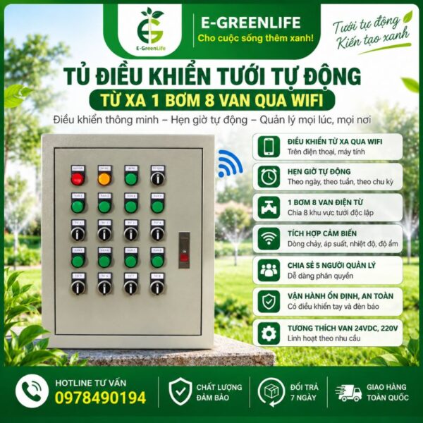 Tủ điều khiển tưới tự động từ xa 1 bơm 8 van qua wifi