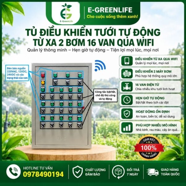 Tủ điều khiển tưới tự động từ xa 2 bơm 16 van qua wifi