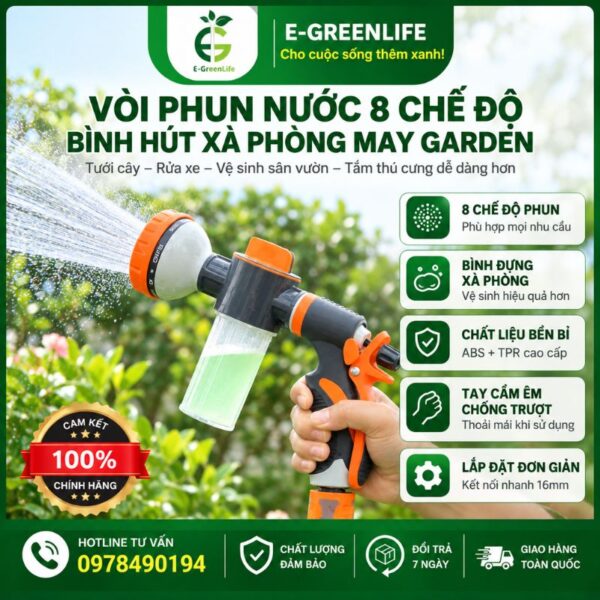 Vòi phun nước 8 chế độ bình hút xà phòng May Garden
